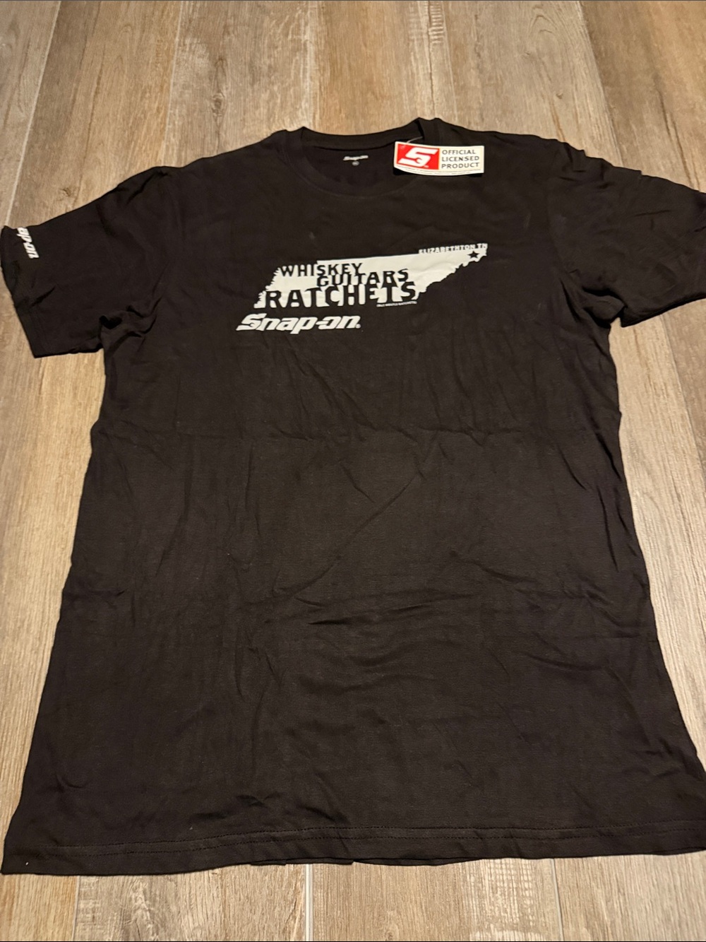 Snap On Black Graphic Tee with White 'Whiskey Guitars Ratchets' Print
